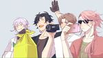  ^_^ bag black_gloves black_hair brown_hair camcorder cellphone closed_eyes eyepatch gloves grin heshikiri_hasebe male_focus mame_(ballet2604) multiple_boys open_mouth phone pink_hair purple_eyes shokudaikiri_mitsutada smartphone smile souza_samonji sunglasses touken_ranbu tsurumaru_kuninaga white_hair yellow_eyes 