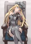  bismarck_(kantai_collection) blonde_hair blue_eyes cb crossed_legs gloves hat kantai_collection long_hair peaked_cap sitting solo uniform 