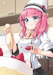  :q blue_eyes bow cake chef_hat chef_uniform decorating food fruit hair_ornament hairclip hat highres kitchen licking_lips moe2016 ominaeshi_(takenoko) original pink_hair shirt skirt smile solo strawberry tongue tongue_out twintails 