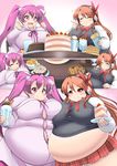  2girls :d akame_ga_kill! belly_rub belly_to_belly big_belly blush breasts cake capelet cheese cheese_wheel chelsea_(akame_ga_kill!) commentary_request crepe eating fat fat_folds food food_on_face fruit happy headphones highres huge_breasts ice_cream kurokaze_no_sora large_breasts long_hair mine_(akame_ga_kill!) multiple_girls obese open_mouth purple_eyes purple_hair red_eyes red_hair skirt smile snort sparkle spoon strawberry twintails undersized_clothes 