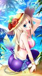  beach bikini_top blonde_hair blue_eyes day fins flower hat hibiscus highres jewelry kaho_okashii long_hair mermaid monster_girl necklace original palm_tree scales shell shell_bikini solo straw_hat tree 