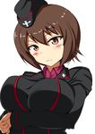  blush breast_hold breasts brown_eyes brown_hair dress_shirt garrison_cap girls_und_panzer hat jacket kuromorimine_military_uniform large_breasts long_sleeves looking_at_viewer military military_uniform nishizumi_maho red_shirt shirt short_hair solo uniform upper_body white_background yottan 