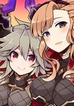  :d bangs blush breasts brown_eyes cape draph gradient gradient_background granblue_fantasy grey_hair hair_between_eyes horns large_breasts long_hair looking_at_viewer multiple_girls nozomu144 open_mouth orange_hair red_eyes smile song_(granblue_fantasy) teeth thalatha_(granblue_fantasy) upper_body 