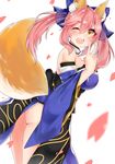  animal_ear_fluff animal_ears ass blue_legwear bow breasts detached_sleeves fate/extra fate_(series) fox_ears fox_tail hair_bow hair_ribbon japanese_clothes large_breasts looking_at_viewer one_eye_closed open_mouth osiimi pink_hair ribbon simple_background solo tail tamamo_(fate)_(all) tamamo_no_mae_(fate) v white_background yellow_eyes 