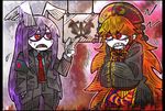  angry animal_ears armband blush_stickers bunny_ears chinese_clothes clenched_teeth coat dress flying_sweatdrops formal hands_in_opposite_sleeves hands_together hat inkblot_test junko_(touhou) lavender_hair long_hair long_sleeves multiple_girls necktie orange_hair red_cross red_eyes red_neckwear reisen_udongein_inaba sharp_teeth sleeves_past_wrists squiggle suenari_(peace) suit sweatdrop tabard teeth touhou very_long_hair white_skin 