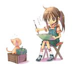  ? absurdres box brown_eyes brown_hair brush cat chair ga_geijutsuka_art_design_class glasses highres kiyuzuki_satoko long_hair ponytail pumpkin round_eyewear sketchbook translated yamaguchi_kisaragi 