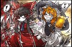  +++ 2girls al_bhed_eyes apron ascot bangs beer_mug black_border black_hair blonde_hair blunt_bangs border bow bowtie clenched_hand closed_eyes cup drunk eighth_note eyebrows eyebrows_visible_through_hair froth gohei gradient gradient_background grin hair_bow hair_tubes hakurei_reimu hat hat_bow holding holding_cup kirisame_marisa multiple_girls musical_note red_bow red_eyes smile spoken_exclamation_mark spoken_musical_note suenari_(peace) torn_clothes torn_hair_ribbon touhou waist_apron wide_sleeves witch_hat 