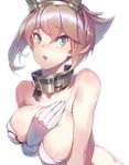  :o bare_shoulders blush breasts brown_hair cleavage collar covered_nipples covering covering_breasts headband kantai_collection large_breasts looking_at_viewer madyy mutsu_(kantai_collection) short_hair simple_background solo upper_body white_background 