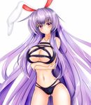  animal_ears bikini breast_hold breasts bunny_ears cleavage collarbone groin highres kou_(inaba) large_breasts lavender_hair light_smile long_hair looking_at_viewer nail_polish navel purple_hair red_eyes reisen_udongein_inaba simple_background solo swimsuit touhou very_long_hair white_background 