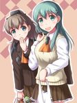  :d ascot bag brown_hair carrying green_eyes green_hair hair_ornament kantai_collection kumano_(kantai_collection) long_hair looking_at_viewer multiple_girls open_mouth plastic_bag pleated_skirt ponytail pringles school_uniform shopping_bag skirt smile suzuya_(kantai_collection) sweater_vest yukimi_unagi 