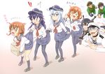  &gt;_&lt; 3boys 5girls accelerator akatsuki_(kantai_collection) anchor_symbol black_hair black_legwear blonde_hair blue_eyes blush_stickers brown_eyes brown_hair closed_eyes fang flat_cap folded_ponytail hair_ornament hairclip hat hibiki_(kantai_collection) ikazuchi_(kantai_collection) inazuma_(kantai_collection) kamijou_touma kantai_collection kihara_amata military military_police military_uniform multiple_boys multiple_girls mushi_gyouza nagato_(kantai_collection) naval_uniform neckerchief open_mouth panties panty_pull pantyhose pervert pleated_skirt purple_eyes red_neckwear saliva school_uniform serafuku short_hair silver_hair skirt to_aru_majutsu_no_index trait_connection underwear uniform white_hair white_panties 