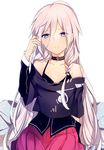  :o bare_shoulders black_bra black_shirt blue_eyes blush bra braid choker collarbone cowboy_shot detached_sleeves hair_between_eyes hair_over_shoulder hand_in_hair hand_up ia_(vocaloid) long_hair long_sleeves looking_at_viewer lpip off-shoulder_shirt off_shoulder open_mouth pink_hair pink_skirt revision shirt simple_background single_braid sitting skirt solo underwear very_long_hair vocaloid white_background 