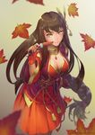  autumn_leaves black_hair black_light breasts cleavage hair_ornament jewelry large_breasts long_hair necklace quiver solo yellow_eyes 
