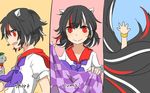  alternate_hair_length alternate_hairstyle bad_id bad_pixiv_id black_hair english falling fang horns impossible_spell_card kijin_seija long_hair misha_(hoongju) multicolored_hair multiple_persona multiple_views open_mouth red_eyes red_hair short_hair smile streaked_hair touhou white_hair wristband 