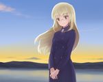  alternate_costume bad_id bad_pixiv_id birthday blonde_hair cloud coat commentary cowboy_shot glasses hands_together head_tilt highres hill light_smile long_hair perrine_h_clostermann shiratama_(hockey) sky solo strike_witches sunset water wind winter_clothes world_witches_series yellow_eyes 