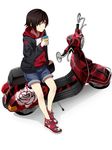  absurdres bad_id bad_pixiv_id black_hair casual earphones gradient_hair ground_vehicle highres juice_box kurohane motor_vehicle multicolored_hair red_hair ruby_rose rwby scooter short_hair silver_eyes solo two-tone_hair vespa_p-series 