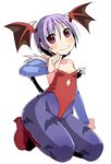  animal_print bat_print bat_wings demon_girl flat_chest head_wings leotard lilith_aensland ninomae_ichijiku pantyhose print_legwear purple_eyes purple_hair red_leotard short_hair solo succubus vampire_(game) wings 