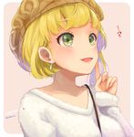  1girl :d ? bad_id bad_pixiv_id bangs beret between_breasts blonde_hair blush breasts brown_hat character_name earrings finger_to_cheek fur_trim green_eyes hat hinoshita_akame idolmaster idolmaster_cinderella_girls index_finger_raised jewelry long_sleeves looking_at_viewer miyamoto_frederica open_mouth over_shoulder smile solo sweater tareme upper_body 