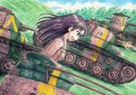  black_hair brown_eyes caterpillar_tracks chi-hatan_military_uniform dutch_angle firing girls_und_panzer ground_vehicle hatch long_hair military military_uniform military_vehicle motor_vehicle nishi_kinuyo omachi_(slabco) open_mouth profile smile solo tank traditional_media type_95_ha-gou type_97_chi-ha uniform upper_body watercolor_(medium) 