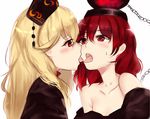  bare_shoulders blush collarbone commentary_request french_kiss hat hecatia_lapislazuli junko_(touhou) kiss long_hair multiple_girls off_shoulder polos_crown red_eyes red_hair rinaka_moruchi sweat touhou upper_body white_background yuri 