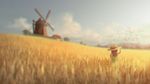  absurdres chromatic_aberration cloud day field flock hat highres long_hair md5_mismatch natsu_(hottopeppa3390) original scenery solo straw_hat wheat_field windmill 