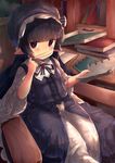  bad_id bad_pixiv_id book chair desk dress eyepatch eyepatch_pull granblue_fantasy harvin hat highres kumashou_(nabeyama_kaidou) long_hair long_sleeves looking_at_viewer lunalu_(granblue_fantasy) pants pants_under_dress pointy_ears purple_dress purple_eyes purple_hair shirt sitting solo very_long_hair wide_sleeves 