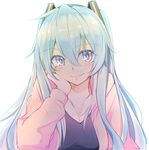  aqua_hair blue_eyes breasts chin_rest eyebrows eyebrows_visible_through_hair hair_between_eyes hand_on_own_face hatsune_miku highres kazenoko large_breasts long_hair multicolored multicolored_eyes simple_background smile solo upper_body vocaloid white_background 