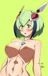  abs android blue_hair blush breasts dated dimension_w green_background green_eyes green_hair headgear highres large_breasts multicolored_hair navel nipples nishiumi_yuuta nude short_hair signature simple_background solo stomach toned two-tone_hair yurizaki_mira 
