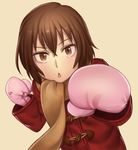  boku_dake_ga_inai_machi boxing_gloves brown_eyes brown_hair chestnut_mouth coat commentary_request hair_between_eyes hinazuki_kayo long_sleeves looking_at_viewer mittens punching scarf short_hair simple_background solo winter_clothes winter_coat yellow_scarf yosui 