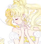  bare_shoulders bishoujo_senshi_sailor_moon blonde_hair closed_eyes collarbone crescent crown dated double_bun earrings facial_mark forehead_mark hands_clasped jewelry lipstick long_hair makeup neo_queen_serenity own_hands_together pink_lipstick profile signature solo tsukino_usagi twintails upper_body white_background yukinami_(paru26i) 