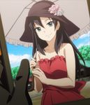  bangs bare_shoulders black_hair building dress dutch_angle flower green_eyes hat hat_flower heavy_object highres holding holding_umbrella long_hair looking_at_viewer non-web_source outdoors red_dress screencap smile solo strapless strapless_dress sunlight umbrella upper_body younger 