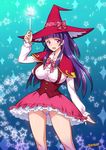  :d blue_eyes blush breasts covered_nipples hat izayoi_liko joy_ride large_breasts long_hair looking_at_viewer magic_school_uniform mahou_girls_precure! open_mouth panties precure purple_eyes purple_hair purple_panties pussy_peek skirt smile solo underwear wand witch_hat 