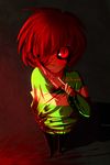  androgynous artist_name black_sclera blood blood_on_face blood_splatter bloody_clothes bloody_hair bloody_knife bloody_weapon brown_hair chara_(undertale) crazy_eyes dark evil_grin evil_smile full_body glamist grin hair_over_one_eye highres knife looking_at_viewer md5_mismatch red_eyes resized smile solo spoilers striped striped_sweater sweater undertale upscaled weapon 