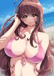  :q ahoge bangs beach bikini blue_sky blush breasts brown_eyes brown_hair cleavage closed_mouth cloud collarbone day dutch_angle front-tie_bikini front-tie_top hand_in_hair hand_up large_breasts long_hair looking_at_viewer midriff navel ocean original outdoors pink_bikini pink_ribbon piston_ring ribbon sand shore sky smile solo star star_print swimsuit tareme tongue tongue_out upper_body very_long_hair water 
