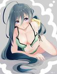  :o ahoge alternate_breast_size arm_support bare_legs blush breasts cleavage collarbone downblouse full_body green_swimsuit grey_background hair_between_eyes hair_ribbon hanging_breasts highres kantai_collection kiyoshimo_(kantai_collection) large_breasts long_hair looking_at_viewer lying on_stomach one-piece_swimsuit open_mouth polka_dot polka_dot_swimsuit pulled_by_self purple_eyes ribbon signature simple_background solo swimsuit swimsuit_pull tareme tebi_(tbd11) thighs very_long_hair yellow_ribbon 