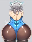  ass ass_focus back backless_outfit bent_over blue_gloves blue_leotard cowboy_shot facing_away fine_fabric_emphasis from_behind gloves grey_background grey_hair highres izayoi_sakuya leotard long_hair maid_headdress pantyhose partially_visible_vulva simple_background sketch solo tajima_yuuki thong touhou 