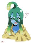  :d ahoge bad_id bad_pixiv_id blue_skin goo_girl green_eyes green_hair heart highres kagiyama_(gen'ei_no_hasha) looking_at_viewer monster_girl monster_musume_no_iru_nichijou open_mouth raincoat signature simple_background sketch smile solo suu_(monster_musume) tentacle_hair upper_body white_background 