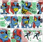  alternate_hairstyle blue_skin blush expression_chart expressions eyepatch fish_girl grin hair_down head_fins monster_girl multiple_views ponytail red_hair sharp_teeth shouting smile suplex teeth undertale undyne yellow_sclera 
