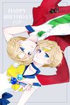  2girls bishoujo_senshi_sailor_moon blonde_hair blue_background blue_choker blue_eyes blue_sailor_collar bow choker dated earrings gloves green_neckwear happy_birthday jewelry looking_at_viewer magical_girl mugen_gakuen_school_uniform multiple_girls necktie reverse_trap sailor_collar sailor_senshi_uniform sailor_uranus short_hair smile ten'ou_haruka tiara very_short_hair wand white_gloves yellow_bow yukinami_(paru26i) 