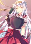  arrow bow_(weapon) gloves hairband hakama_skirt highres japanese_clothes kantai_collection long_hair looking_at_viewer miko muneate partly_fingerless_gloves pleated_skirt red_skirt shoukaku_(kantai_collection) skirt smile solo tahya twitter_username weapon white_hair yugake 