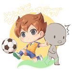  1boy bad_id bad_pixiv_id ball brown_hair chibi frown inazuma_eleven_(series) inazuma_eleven_go looking_back male_focus matsukaze_tenma open_mouth raimon raimon_soccer_uniform soccer_ball soccer_uniform solo_focus soyokaze_step sportswear t_(toddy_t) telstar 