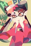  aori_(splatoon) bad_id bad_pixiv_id black_hair chin_rest earrings fangs food food_on_head happy_new_year highres japanese_clothes jewelry kimono looking_to_the_side nagatsukiariake new_year object_on_head pointy_ears red_eyes sitting smile solo splatoon_(series) splatoon_1 tentacle_hair 