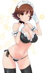  ;) arm_garter ass_visible_through_thighs bangs bikini black_bikini black_choker black_legwear breasts brown_hair choker cleavage cowboy_shot frills gloves groin highres honda_mio idolmaster idolmaster_cinderella_girls large_breasts leaning_forward looking_at_viewer maid_bikini maid_headdress navel one_eye_closed ryuu. short_hair side-tie_bikini smile solo star starry_background stomach swimsuit thighhighs white_background white_gloves yellow_eyes 