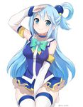  aqua_(konosuba) bare_shoulders blue_eyes blue_hair detached_sleeves downscaled hair_ornament ica image_sample kono_subarashii_sekai_ni_shukufuku_wo! long_hair md5_mismatch resized skirt smile solo thighhighs twitter_sample 