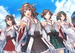  :d adjusting_eyewear ahoge black_hair blue_eyes brown_hair clenched_hands frilled_skirt frills glasses hairband hand_on_hip haruna_(kantai_collection) headgear hiei_(kantai_collection) highres kantai_collection kirishima_(kantai_collection) kongou_(kantai_collection) long_hair luzi multiple_girls nontraditional_miko open_mouth outstretched_arm outstretched_hand plaid plaid_skirt ribbon-trimmed_sleeves ribbon_trim short_hair skirt smile 