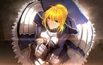  ahoge armor armored_dress artoria_pendragon_(all) blonde_hair fate/stay_night fate_(series) green_eyes hei_tong_shi highres planted_sword planted_weapon saber solo sword weapon 
