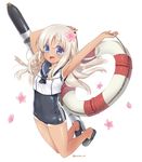  armpits arms_up blue_eyes blush commentary_request crocs crop_top flower hair_flower hair_ornament kantai_collection kurot lifebuoy long_hair looking_at_viewer one-piece_swimsuit one-piece_tan open_mouth ro-500_(kantai_collection) sailor_collar school_swimsuit solo swimsuit swimsuit_under_clothes tan tanline torpedo 