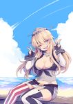  absurdres beach blonde_hair blue_eyes breasts chrabi cleavage cloud day double_v highres iowa_(kantai_collection) kantai_collection large_breasts long_hair one_eye_closed open_mouth outdoors sitting skirt sky smile solo star star-shaped_pupils symbol-shaped_pupils thighhighs v zettai_ryouiki 