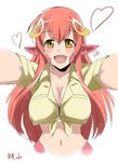  :d bad_id bad_pixiv_id breasts cleavage collarbone eyebrows eyebrows_visible_through_hair fang hair_ornament hairclip heart highres incoming_hug kagiyama_(gen'ei_no_hasha) lamia large_breasts long_hair looking_at_viewer miia_(monster_musume) monster_girl monster_musume_no_iru_nichijou navel open_mouth pointy_ears red_hair scales shirt signature simple_background sketch smile solo tied_shirt upper_body white_background yellow_eyes 
