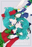  2girls aqua_hair bishoujo_senshi_sailor_moon blue_bow blue_eyes bow choker dated dual_persona gloves green_bow grey_background hair_bow half_updo happy_birthday kaiou_michiru looking_at_viewer magical_girl mugen_gakuen_school_uniform multiple_girls sailor_neptune sailor_senshi_uniform school_uniform serafuku short_hair striped striped_bow tiara wand white_gloves yukinami_(paru26i) 